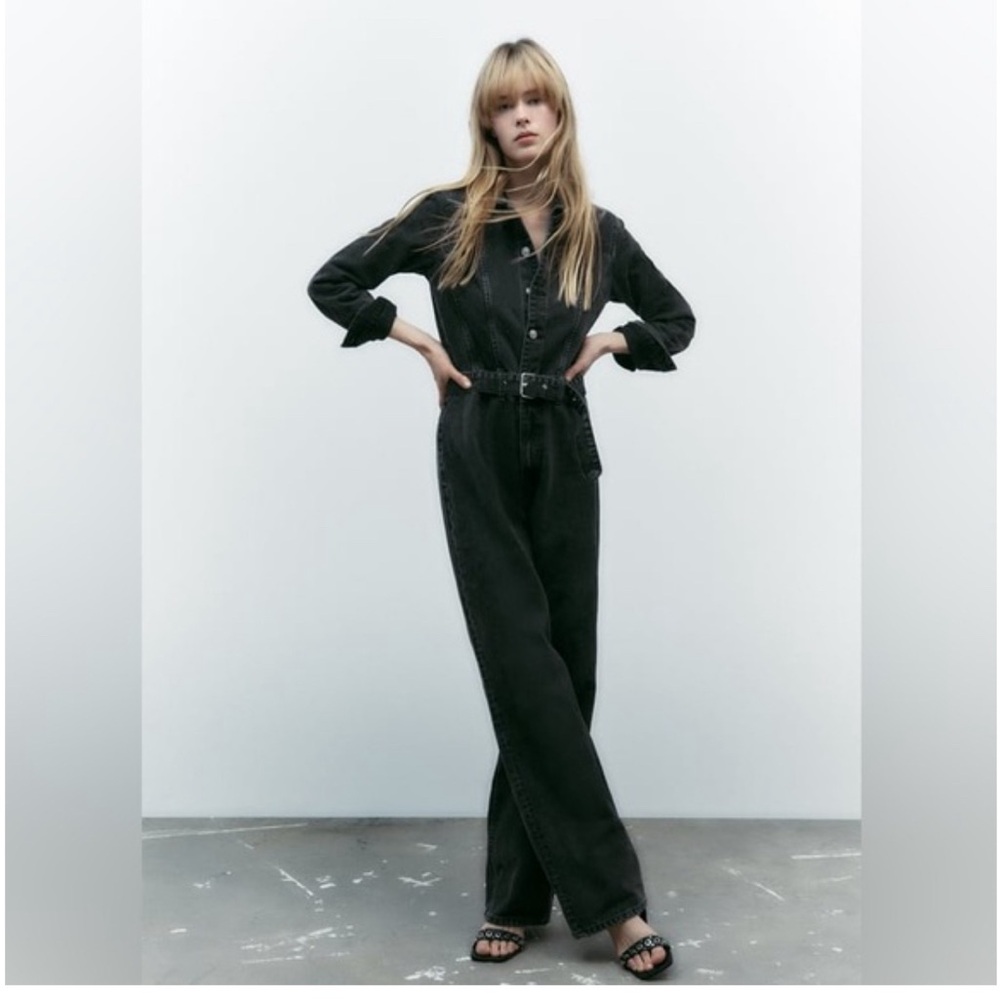 Zara Black Denim Straight Leg long sleeve Jumpsuit NWT S